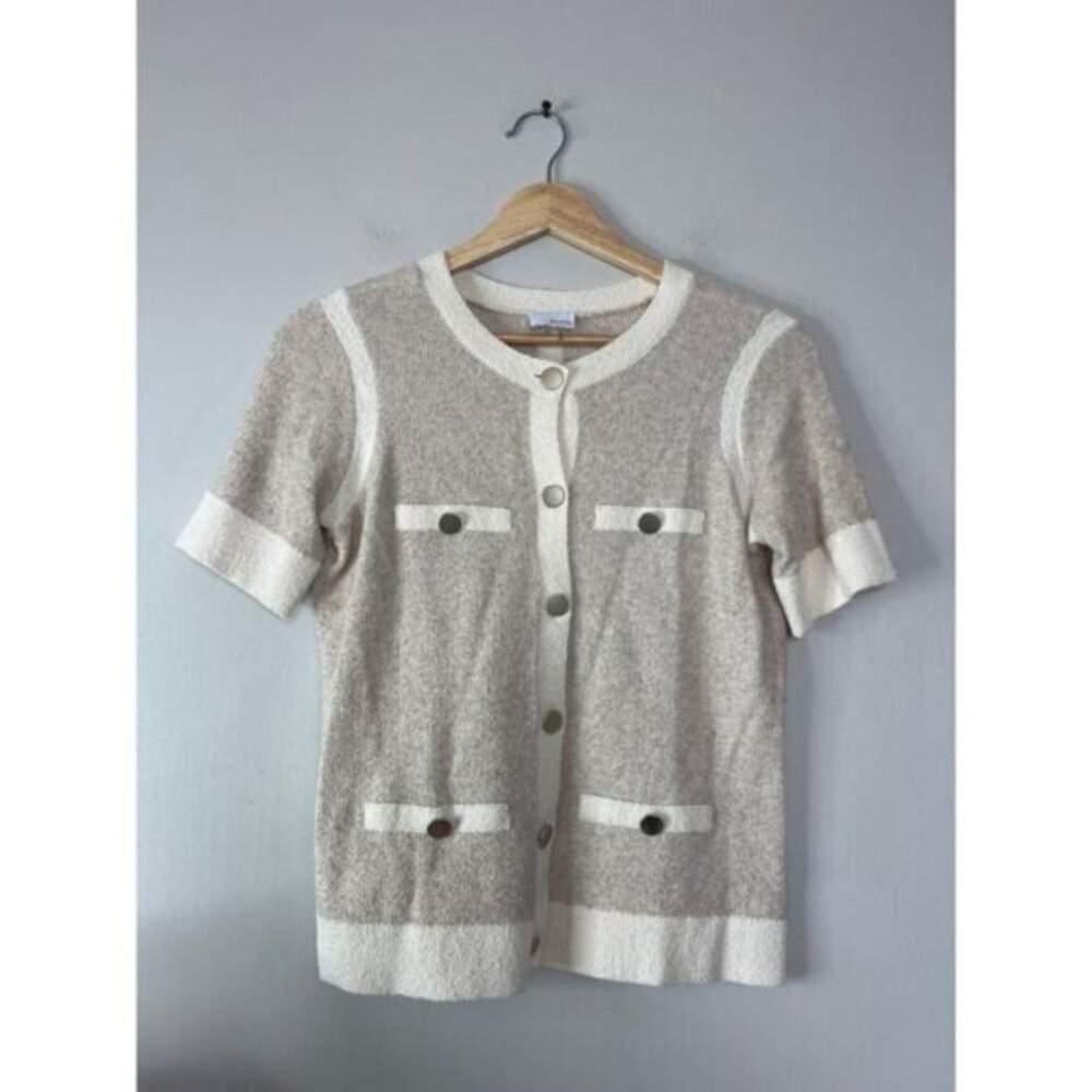 NEW Ecru Button Front Knit Short Sleeves Sweater Cream White Size: XS - Picture 2 of 7